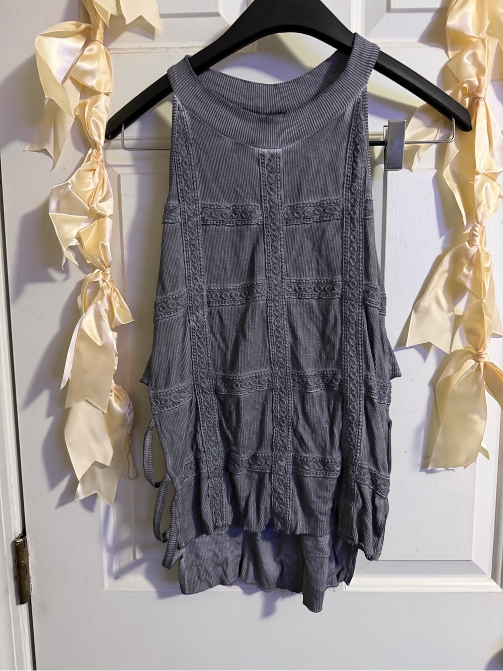 Gray Crochet-Panel Strappy Tank